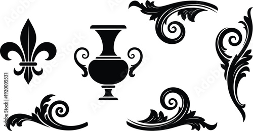 set of ornate black silhouettes on white background  decorative elements
