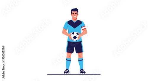 Smiling male soccer player in blue uniform holding a football, wearing a captain's armband, standing on a white background.