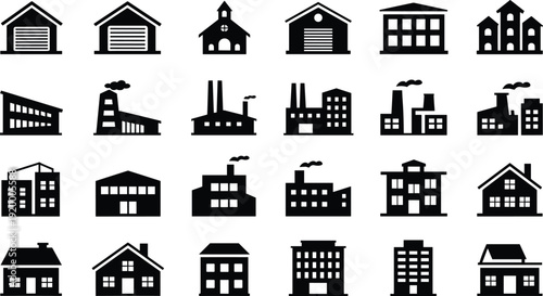 Residential and industrial building icon set in solid style, house and factory architecture symbols, black vector silhouettes collection