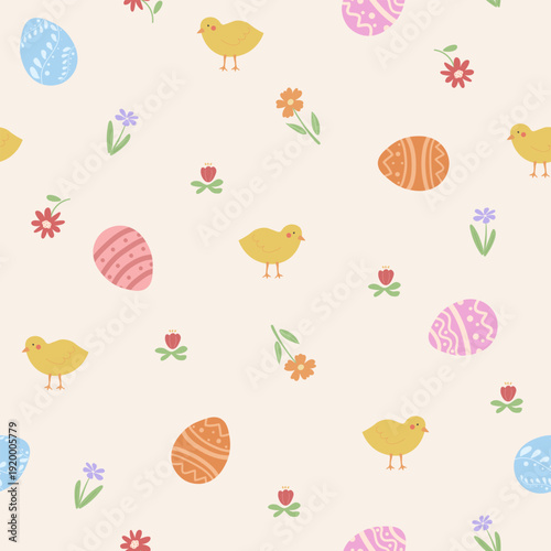 Cute Easter chicks and eggs  in the garden seamless pattern