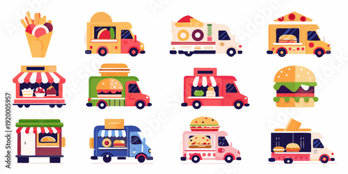 Colorful illustrations of various food trucks and fast food items