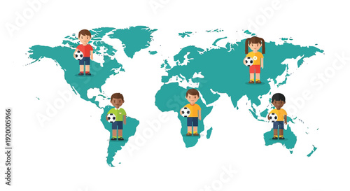 Children from diverse backgrounds holding soccer balls on a world map, symbolizing global unity and the sport's universal appeal.