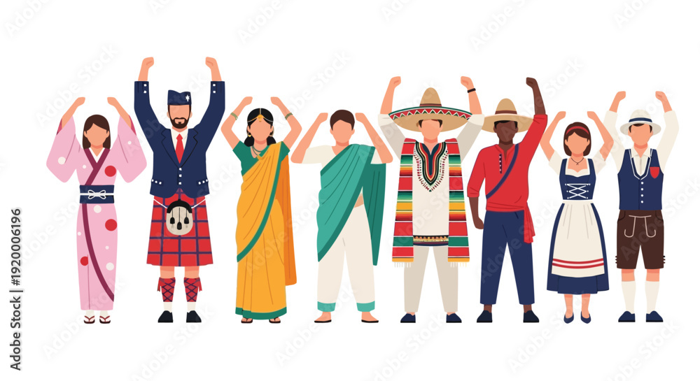 Fototapeta premium Diverse group of people from various cultures wearing traditional clothing, standing together with raised arms, symbolizing unity and global community.