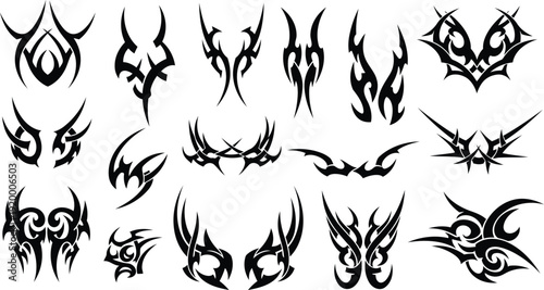 Tribal tattoo designs and flame shapes in black on white background
