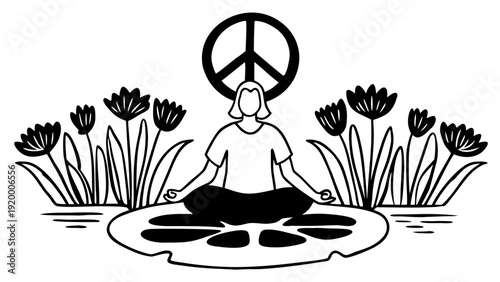 A serene illustration of a person meditating on water lilies surrounded by lotus flowers under a peace sign