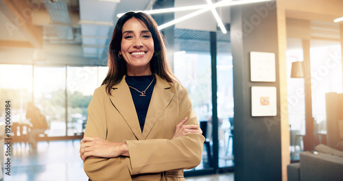 Photos Portrait, smile and business woman with arms crossed or career experience, about us or investor