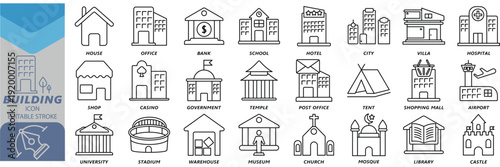 A collection of Building icons set. Contains icons for groups.office,bank,school,hospital,government,casino. Vector illustrations of company icons.