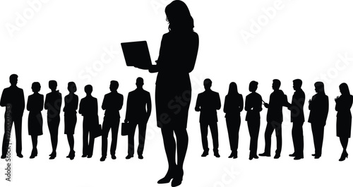 Business team silhouettes with female leader holding laptop isolated on white background, corporate people group standing together black vector illustration