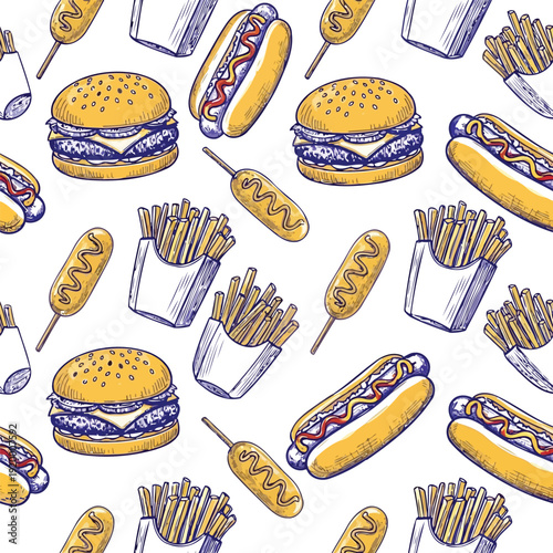 Hamburger Vintage Engraved Motif Blue Ink White Backdrop Art
