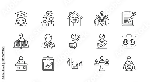 Line art icons representing life stages and achievements silhouette