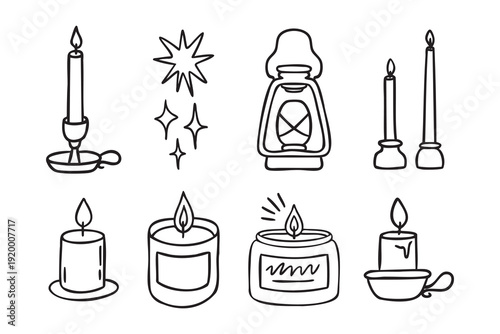 Cozy autumn doodle set of candles lamp vintage rustic, line art monochrome hand drawn outline