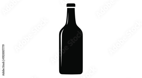 A simple black silhouette of a classic wine bottle with a stopper