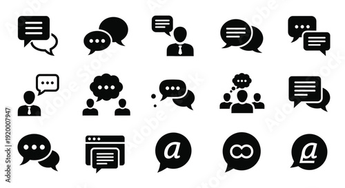 Collection of black speech bubbles and chat icons in various styles