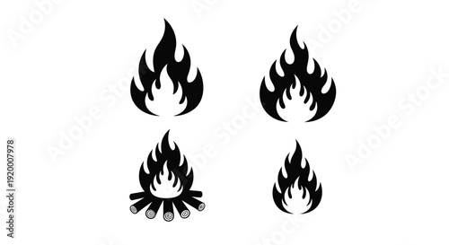 Stylized black flames and campfire illustration on a white background