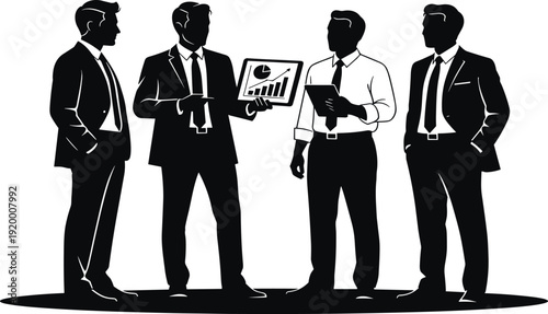 Business meeting presentation illustration, corporate strategy artwork, teamwork collaboration design tribute, data analysis graphic, office planning flat vector illustration