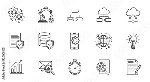 Technology and data icons representing modern digital systems silhouette