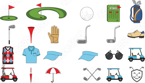 Golf Equipment and Course Elements Vector Set with Clubs, Cart, Ball, Flag, Glove, Shirt, Shoes, and Accessories Illustration Collection