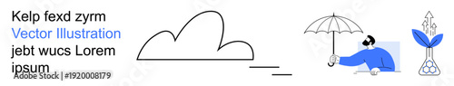 Environment, weather protection, personal safety, growth, conceptual design, nature conservation. Cloud outline, person with umbrella plant with arrows. Weather protection and personal safety
