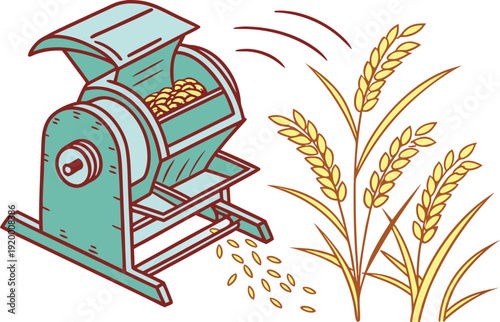 Rice Threshing Machine Agriculture Equipment. Paddy Thresher Farming Machinery. Agricultural Grain Threshing Machine. Rice Harvest Processing Equipment. Modern Paddy Thresher Machine. Farm Grain Separ