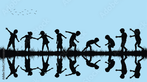 Children silhouettes playing by water with reflection at sunset, joyful childhood friends outdoors in nature, black shadow figures on blue sky background