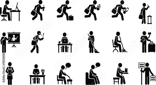 Daily routine pictogram illustration, lifestyle activity artwork, universal symbol design tribute, everyday task graphic, human behavior concept, instructional icon flat vector illustration