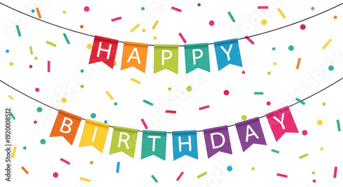 Happy Birthday banner with rainbow gradient flags and falling confetti