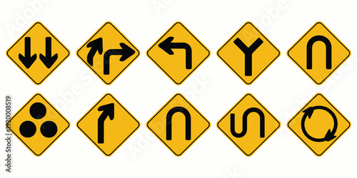 Set of Ten Yellow Diamond Traffic Warning Signs with Black Icons, Directional Arrows, Curves, Roundabouts and Road Bumps Vector Illustration
