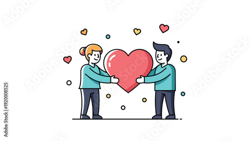 Charming illustration of a man and woman holding a large red heart together surrounded by small colorful decorative shapes.