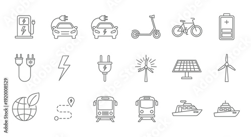 Electric vehicle and renewable energy icons in a linear style silhouette