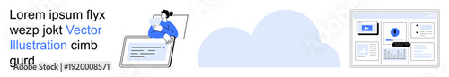 Cloud computing, remote work, digital storage, software applications, data visualization, and online connectivity. Central cloud element connecting devices and dashboard interface. Cloud computing