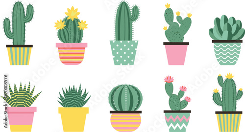 Cute Potted Cactus and Succulent Vector Set with Colorful Flowering Plants in Decorative Pots for Home Decor and Botanical Design