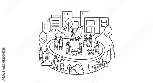 City park scene with people and buildings black outline silhouette