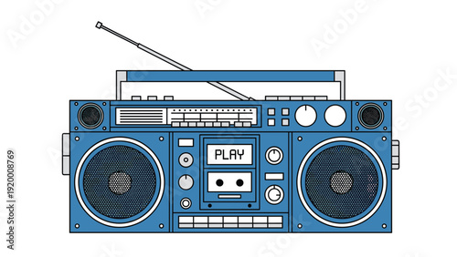 Retro style blue portable boombox radio with dual speakers and a telescoping antenna isolated on a plain white background.