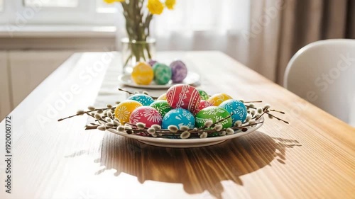 Colorful Easter eggs displayed on a wooden table with flowers  