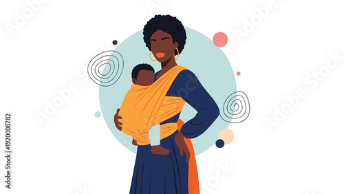 Black woman carrying her infant in a golden yellow baby sling wrap against an abstract circular and geometric background.