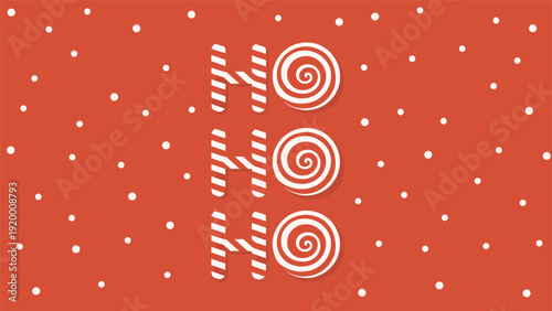 Festive holiday background featuring the words ho ho ho written in candy cane letters on a red field with white snow dots.
