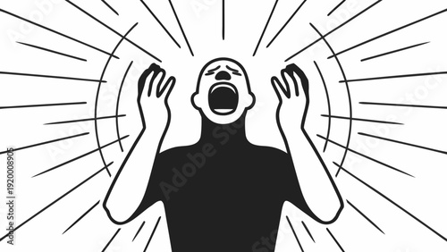 A person screaming with hands raised in shock or surprise from a sudden event or news viewed from the front in a graphic illustration