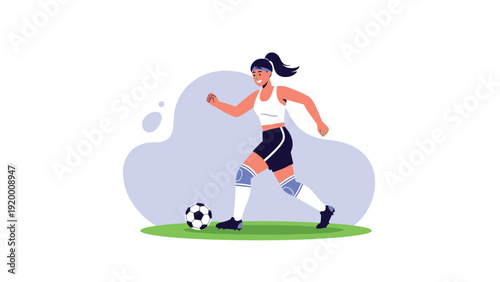 Dynamic illustration of a female soccer player in sports gear dribbling a ball across a green field against a soft purple abstract background.