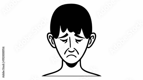 Illustration of a distressed young man with a frowning face, viewed from the front, showcasing emotional pain
