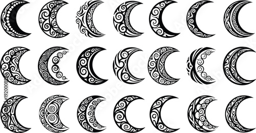 Ornamental Crescent Moon Vector Set with Decorative Floral Patterns, Boho Celestial Night Symbols, and Black Mandala Style Illustrations Collection
