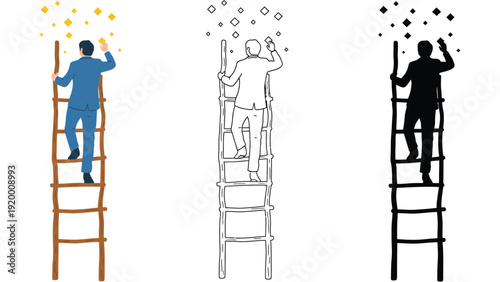 A colorful illustration of three men climbing ladders to reach their goals