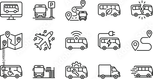 Public transport and logistics icon set, bus, delivery van, electric vehicle, navigation, airport, mobility vector collectionPublic transport and logistics icon set, bus, 