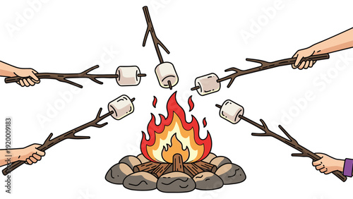 Friends gather around a warm campfire to roast marshmallows on wooden sticks for a cozy outdoor camping experience and fun social activities.