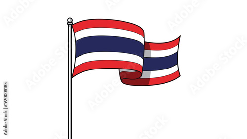 National flag of thailand with its red, white, and blue stripes waves proudly on a silver flagpole against a clean white background for travel.