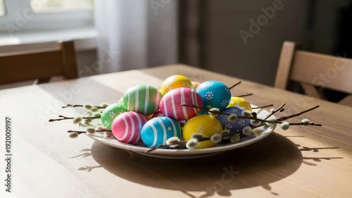 Colorful Easter eggs arranged on a plate on wooden table  