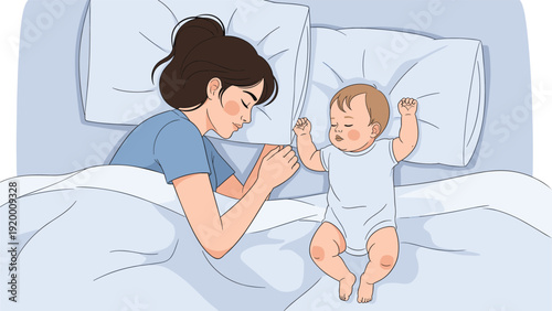 Peaceful scene of a young mother and her baby sleeping soundly side by side in a cozy bed with soft blue pillows and warm white blankets.