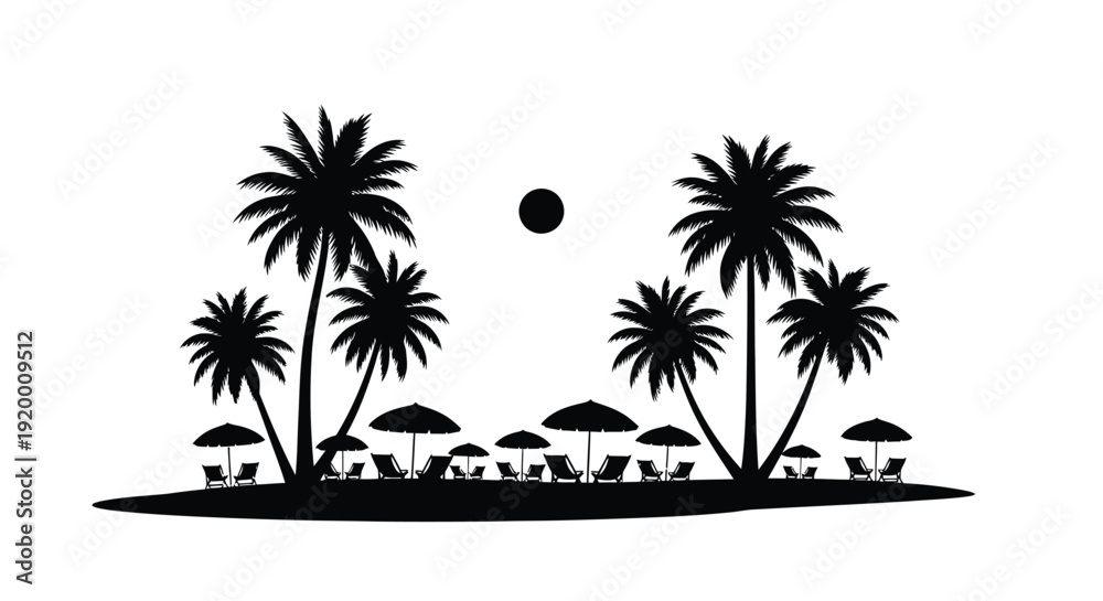 Fototapeta premium Tropical beach scene with palm trees and sun a striking silhouette