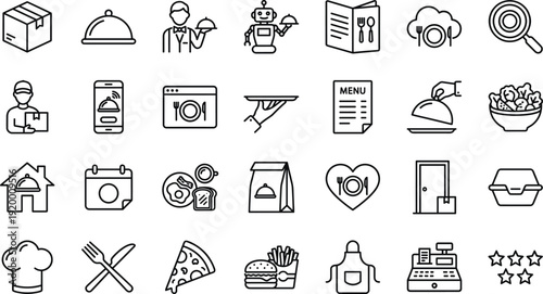 Restaurant and food delivery icon set, catering, menu, chef, online order, takeaway, kitchen vector collection