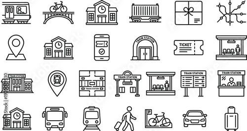 Train station and railway transport icon set, metro, ticket, platform, passenger, travel vector line collection