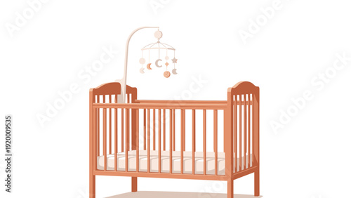Classic wooden baby crib with a mattress and a hanging decorative mobile isolated on a white background.